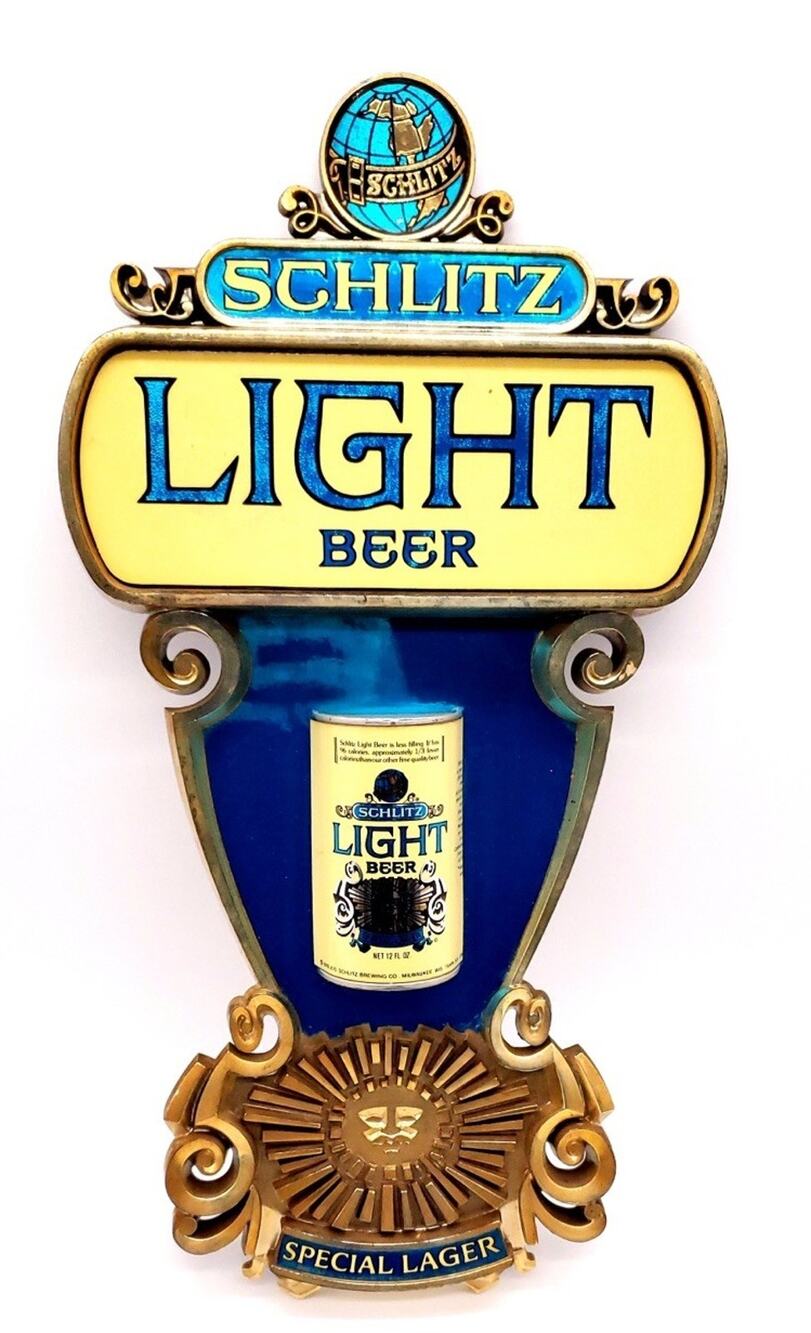 Schlitz Light Beer, Special Lager 21x11 Chrome Aztec Sun Schlitz Beer Sign 1976
